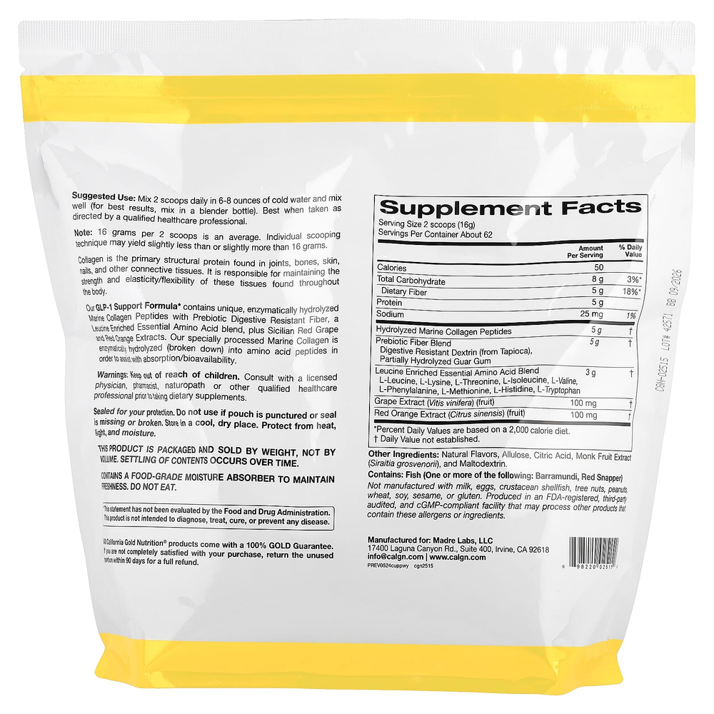 California Gold Nutrition, добавка для поддержания уровня ГПП-1 с пептидами коллагена, пребиотической клетчаткой и незаменимыми аминокислотами, арбуз и юдзу, 1 кг (2,2 фунта)