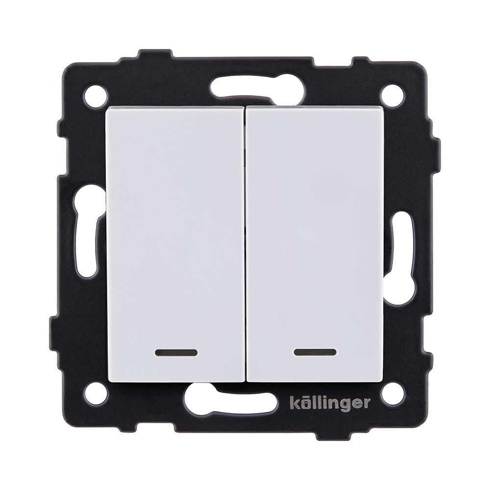 Выключатель кнопочный 2-клавишный 10А/250В с LED подсветкой, белый Kollinger REA-S-014WH для Aspekt, Eleganz, Reflex