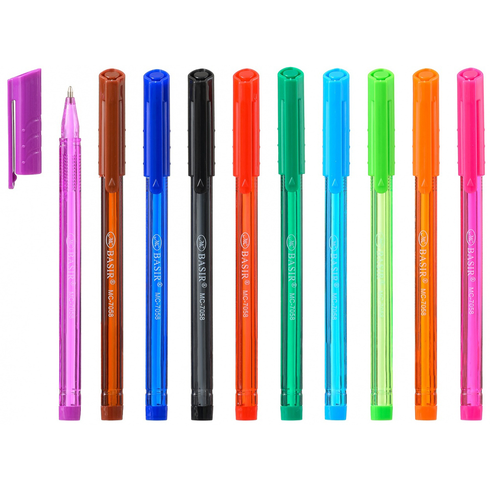 Набор цветных масляных шариковых ручек 10 штук, MC-Basir, цветной полупрозрачный корпус, наконечник 1 мм, неавтоматическая многоразовая, пулевидный стержень для письма