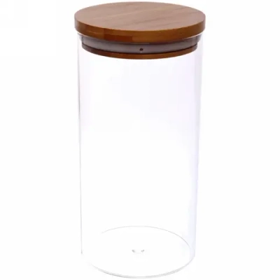Банка для продуктов стеклянная 1300 мл «Хай-Тек» с бамбуковой крышкой 10*24см