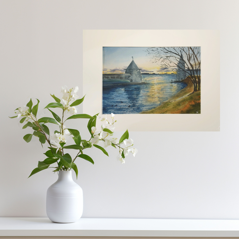 Картина авторская акварельная в паспарту 30х40 см на стену для интерьера "На берегу Псковы"