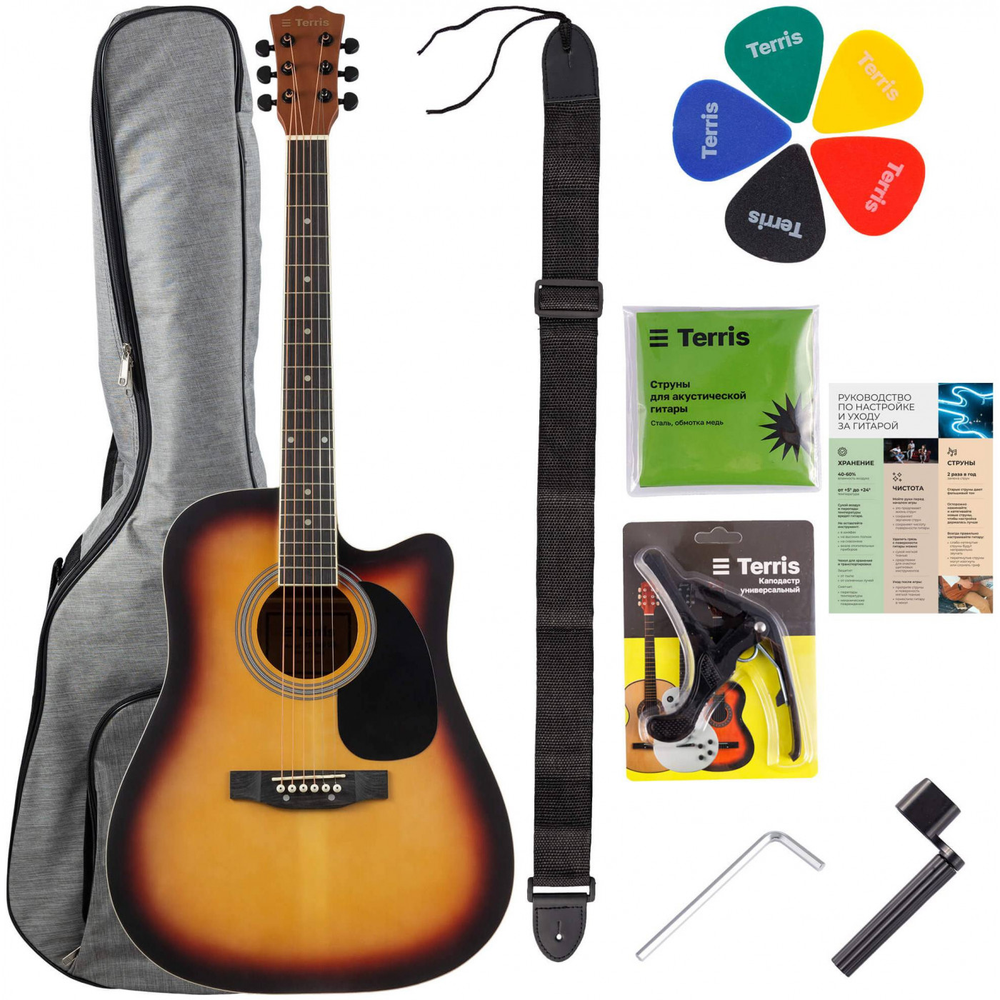 TERRIS TD-045 SB Starter Pack - набор гитариста: акустическая гитара цвета sunburst и комплект аксессуаров: чехол, медиатор, вертушка, ремень, капо, струны.