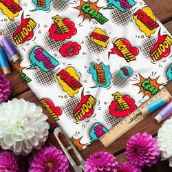 Ткань бифлекс громкие звуки из комиксов на белом фоне