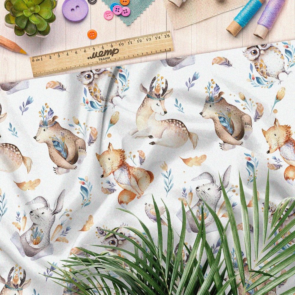 Ткань атлас милые акварельные зверьки