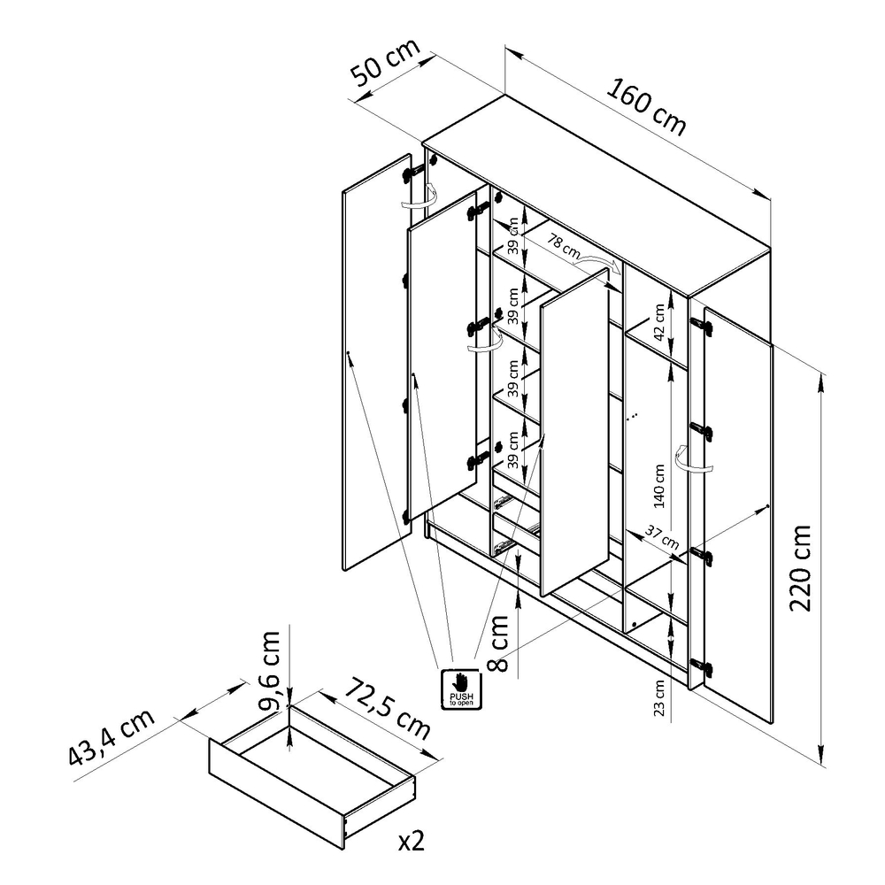 Шкаф 160х50х220 Марм, распашной, 4 двери 2 ящика, белый, со штангой и полками, Dipriz