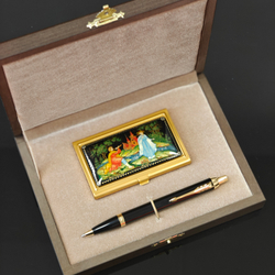Набор "Пастушок" визитница персональная с ручной росписью и ручка Parker