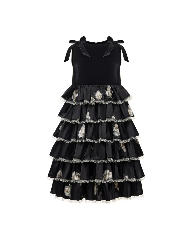 Ava, платье детское из бархата и черного атласа с цветочным принтом