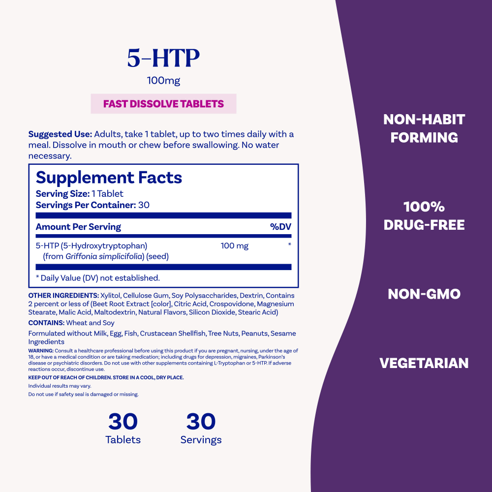 Natrol, 5-HTP, быстрорастворимый, особо эффективный, вкус диких ягод, 100 мг, 30 таблеток