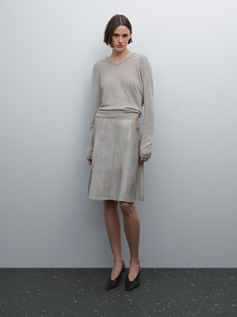 Massimo Dutti Юбка миди с отделкой стежками, серый