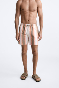 ZARA УДЛИНЕННЫЕ ШОРТЫ-ПЛАВКИ В ПОЛОСКУ, ОГНЕННО-КОРАЛЛОВЫЙ