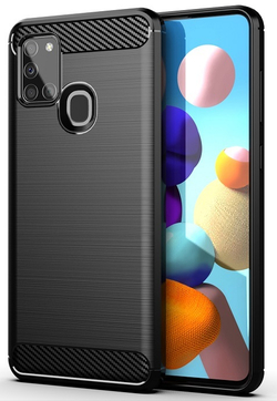 Мягкий чехол черного цвета в стиле карбон на Samsung Galaxy A21S, серия Carbon от Caseport