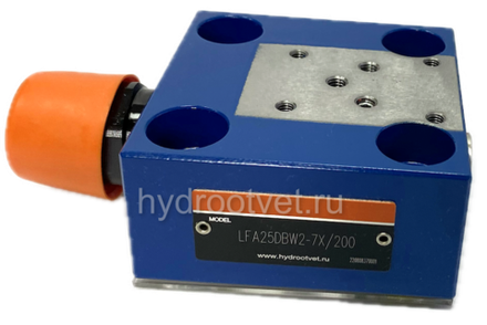 LFA25DBW2-7X/200 - Крышка для логического клапана, типоразмер Ду25 функционал - DBW2 = крышка с предохранительным клапаном с ручной настройкой с функцией разгрузки, под установку распределителя Ду6, два выхода X и Y, элемент регулировки - винт под шестигранник с защитным колпачком, диапазон настройки давления до 200 бар, уплотнение NBR