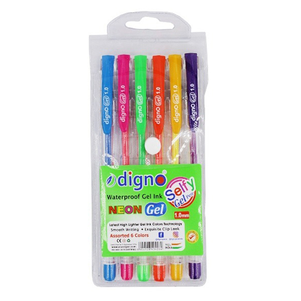 Ручка гелевая, Digno, цветные чернила, серия "Selfy", неоновая, 6 шт