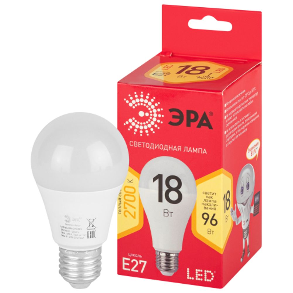 Лампа светодиодная ЭРА RED LINE LED A65-18W-827-E27 R 18Вт груша теплый белый свет Е27 | Лампы cветодиодные Груша (A)