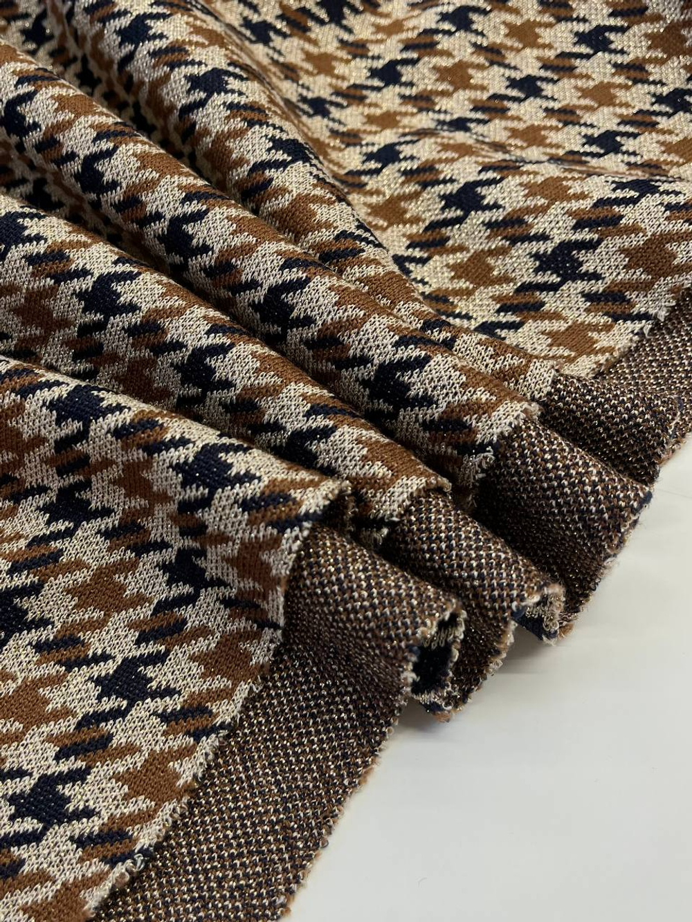 Трикотаж шерсть с п/а, люрексом и эластаном Dondi песочный с сине-коричневым пье-де-пуль