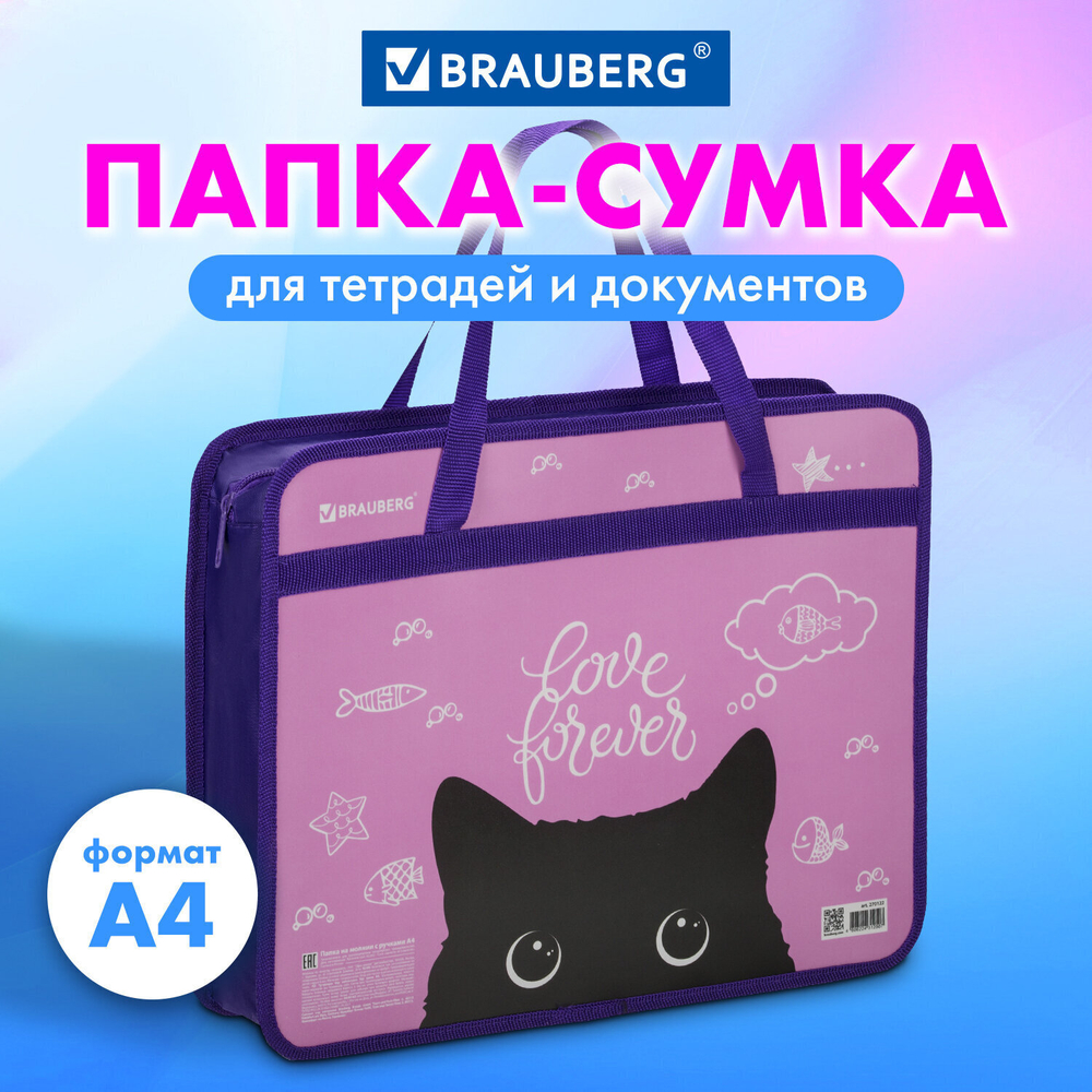Папка на молнии с ручками BRAUBERG А4 1 отделение пластик 80 мм "Black Cat" (3 штуки в упаковке)