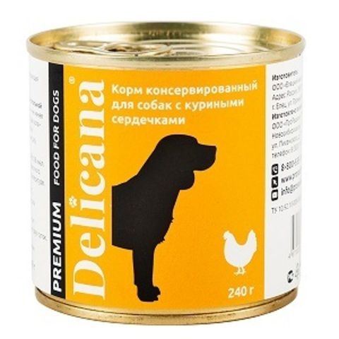 Delicana консервы для взрослых собак всех пород с куриными сердечками
