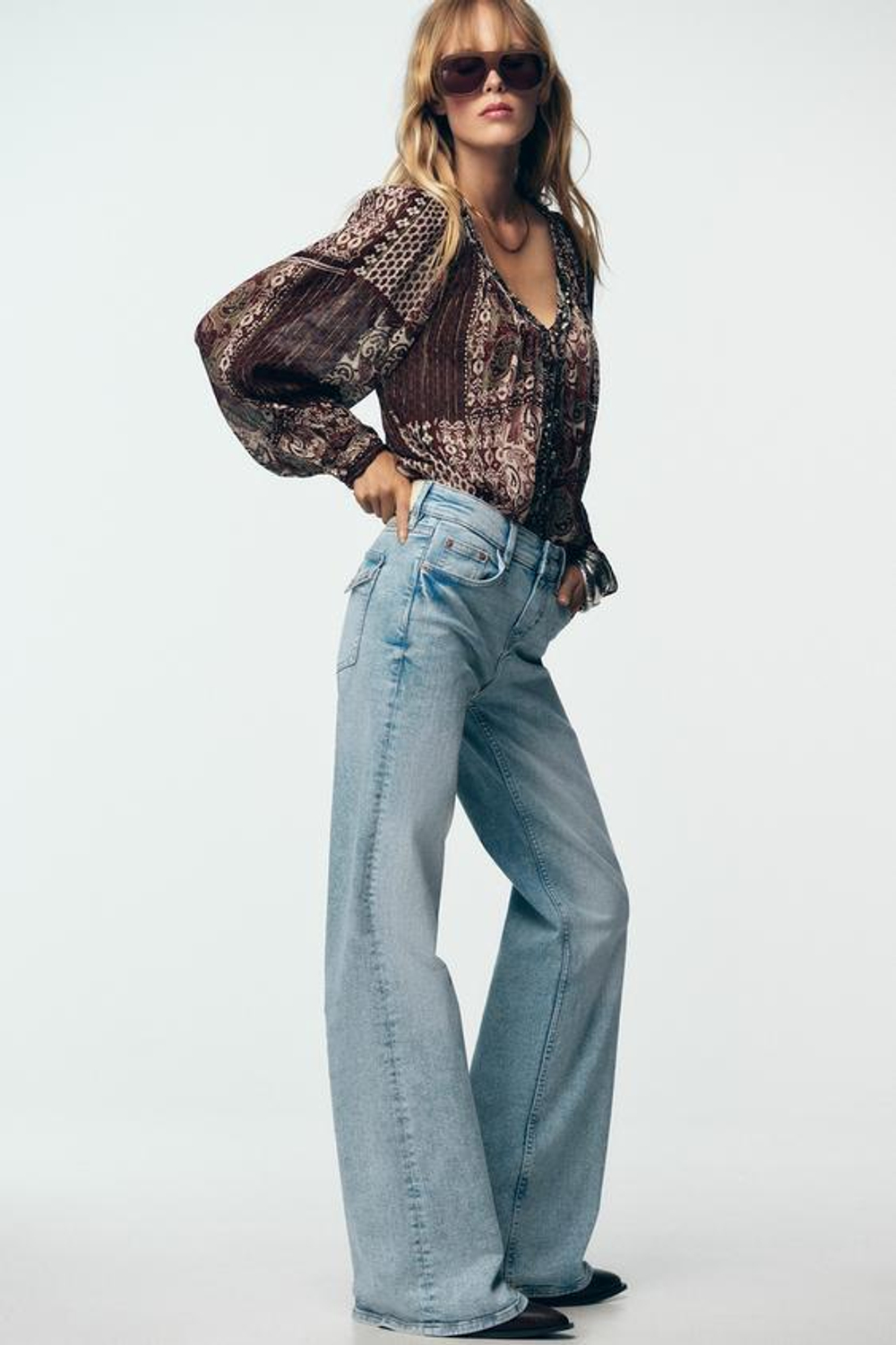 ZARA ДЖИНСЫ Z1975 КЛЕШ С НИЗКОЙ ПОСАДКОЙ, ВЫЦВЕТШИЙ СИНИЙ