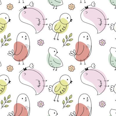 Бесшовный паттерн - Милые птицы и зеленые веточки