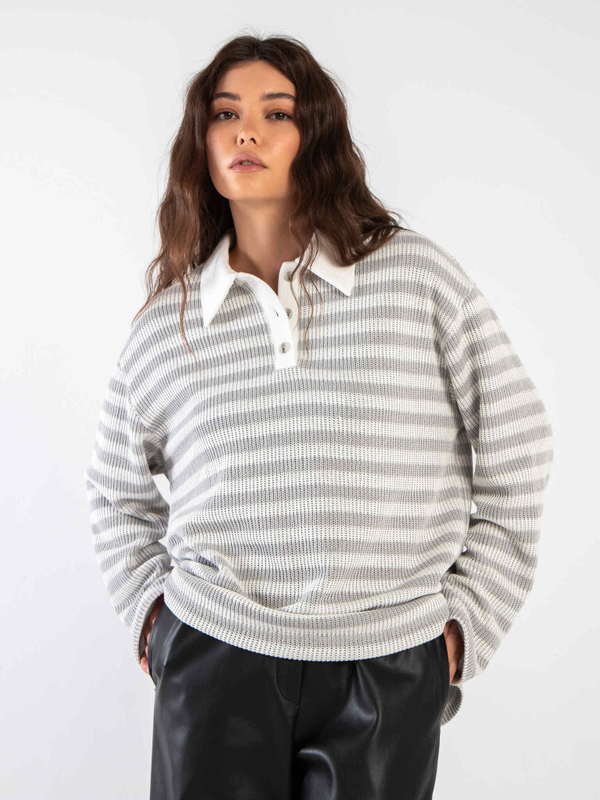 Свитшот-поло вязанный в полоску (Серый)