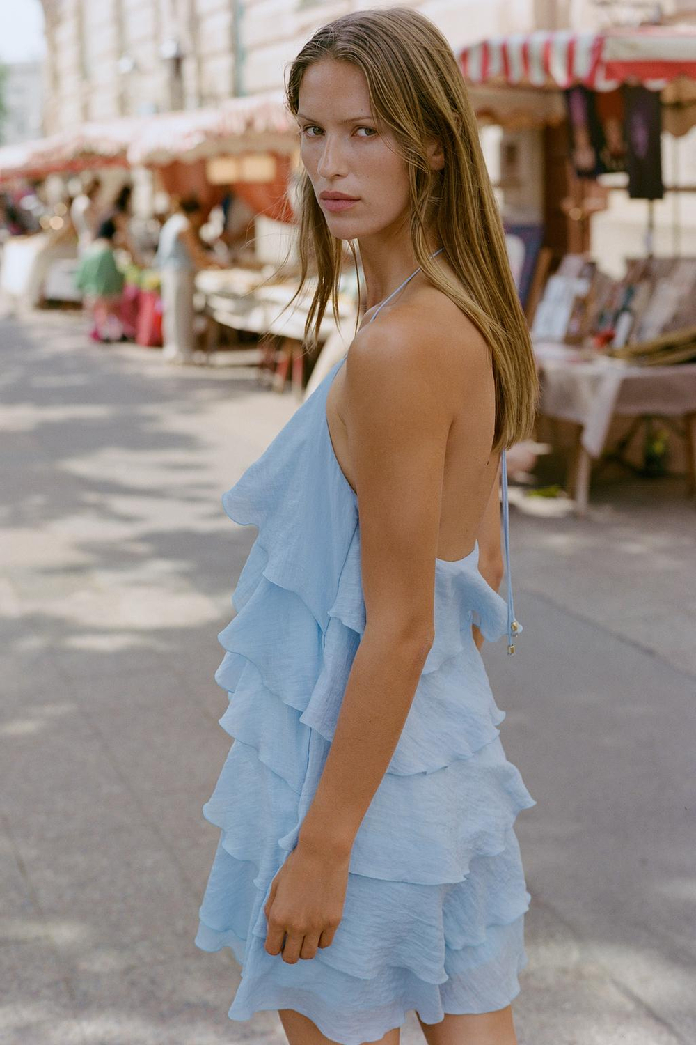 ZARA МИНИ-ПЛАТЬЕ С ВОЛАНАМИ, НЕБЕСНО-ГОЛУБОЙ