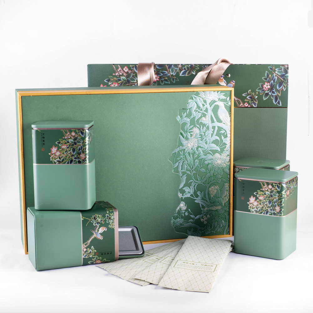 269127.3 Набор подарочный САД КАЛИФА для хранения чая: 4 банки, коробка картон/ жесть оливковый