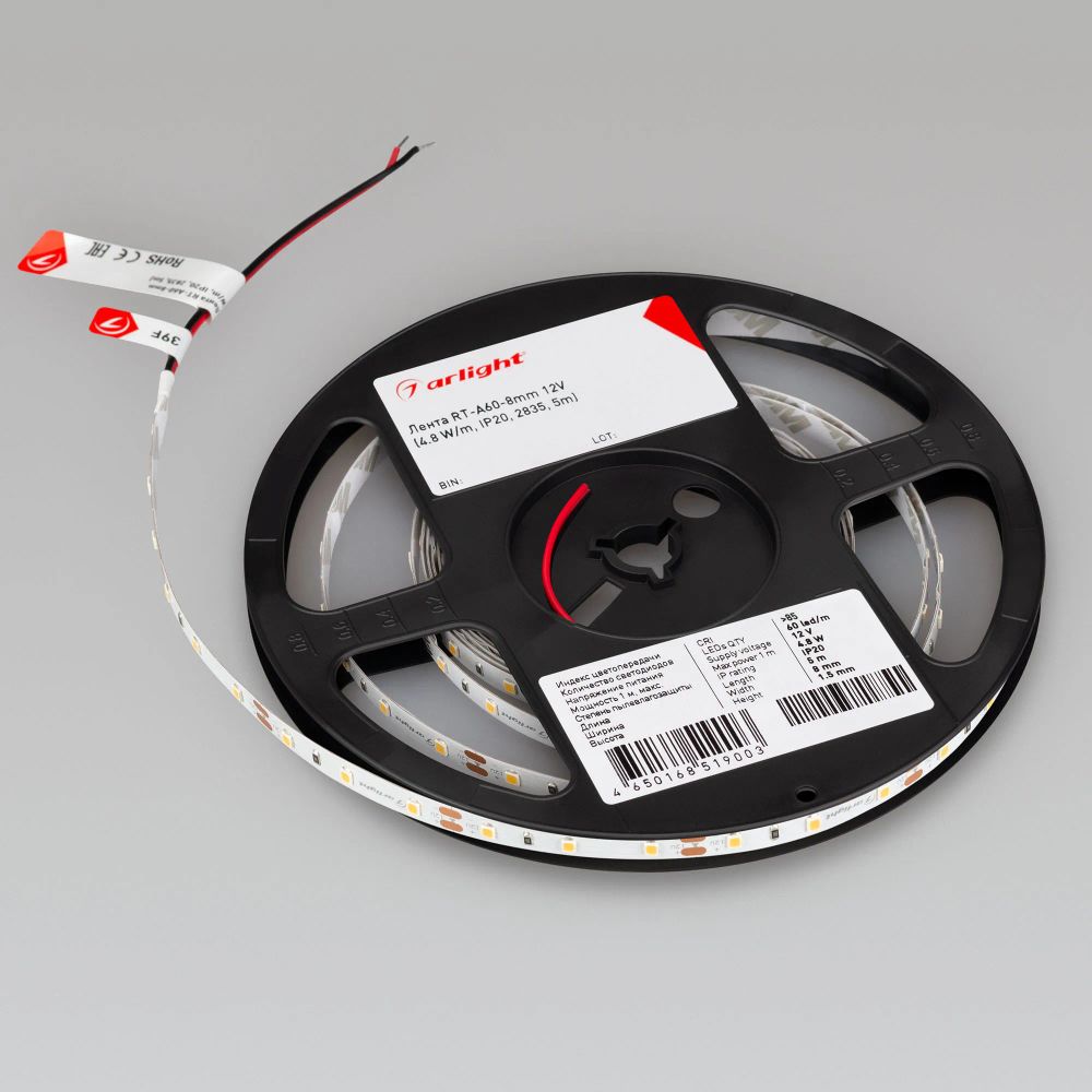 Светодиодная лента RT-A60-8mm 12V Day4000 (4.8 W/m, IP20, 2835, 5m) (Arlight, Открытый) 011568(2)