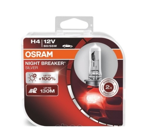 Лампа H4 12V 60/55W P43t н/о +100% NIGHT BREAKER SILVER (2 шт) (OSRAM)