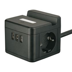 S-GCD2-1.5SBUH BLACK Удлинитель серии Standard. с-з. шнур 1.5м. 2 гнезда. 3 USB. 16А. держатель для телефона. Черный. ТМ Uniel