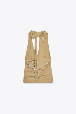 ZARA ТОП С ГОРЛОВИНОЙ ХАЛТЕР И БУСИНАМИ, РЫЖЕВАТО-КОРИЧНЕВЫЙ