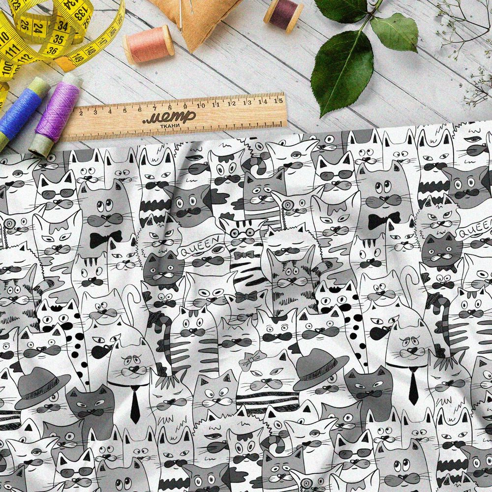 Ткань сатин бело-серые коты из мультиков