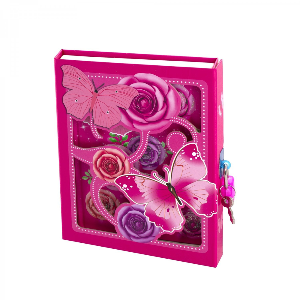 Блокнот в футляре, 13,0 см * 16,5 см, 7БЦ, Alingar, ламинация, глиттер, замочек, линия, 40 л., "Бабочки и розы", розовый