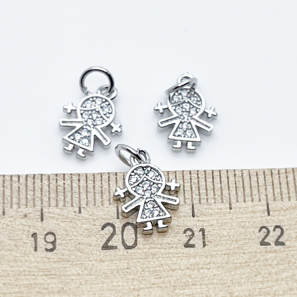 Подвеска Девочка, цвет серебро (родий), фианиты, размер 12*9 мм, цена за 1 шт