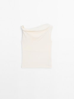 Massimo Dutti Топ из хлопка с драпировкой и узлом, натуральный, кремовый