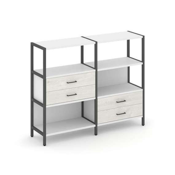 Shelf System Двухсекционный стеллаж трехярусный с ящиками SN.STM-323 Белый/Дуб Наварра/Металл Антрац