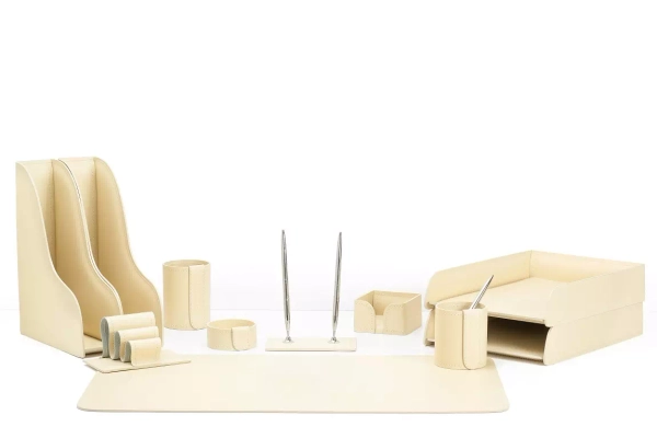 Настольный набор 11 предметов из кожи цвет слоновая кость №43