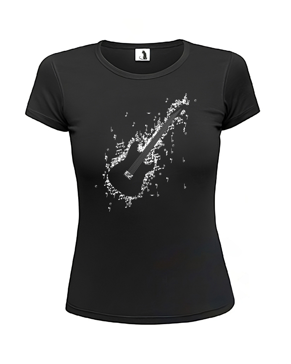 Футболка гитара из нот женская приталенная черная с белым рисунком