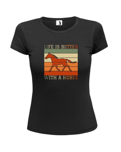 Футболка Life is better with a horse женская приталенная черная