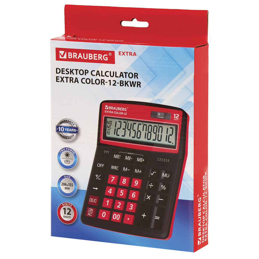 Калькулятор настольный BRAUBERG EXTRA COLOR-12-BKWR (206x155 мм) 12 разрядов двойное питание черно-красный