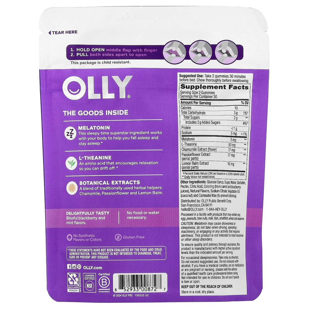 OLLY, жевательные таблетки для сна, со вкусом ежевики, 60 жевательных таблеток
