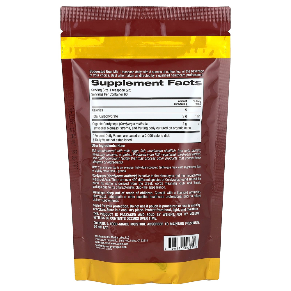 California Gold Nutrition, Fungiology®, порошок из сертифицированного органического кордицепса военного, 120 г (4,2 унции)