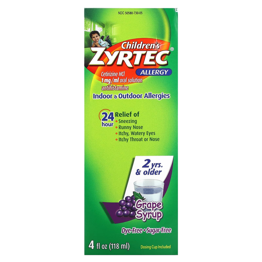 Zyrtec, Children's Allergy, Relief Syrup, для детей от 2 лет, со вкусом винограда, 5 мг, 118 мл (4 жидк. унц.)