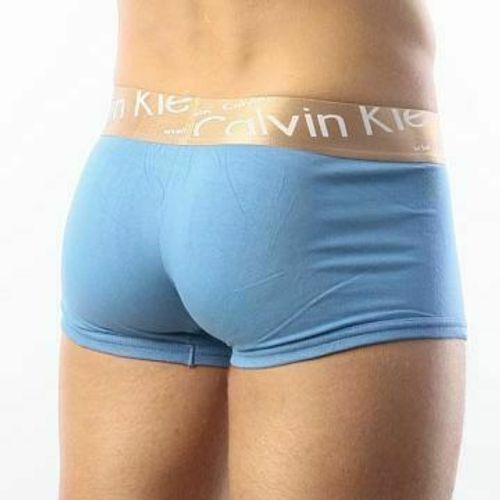 Мужские трусы боксеры голубые с косой золотой  резинкой Calvin Klein  Italics Boxer Blue CK04113