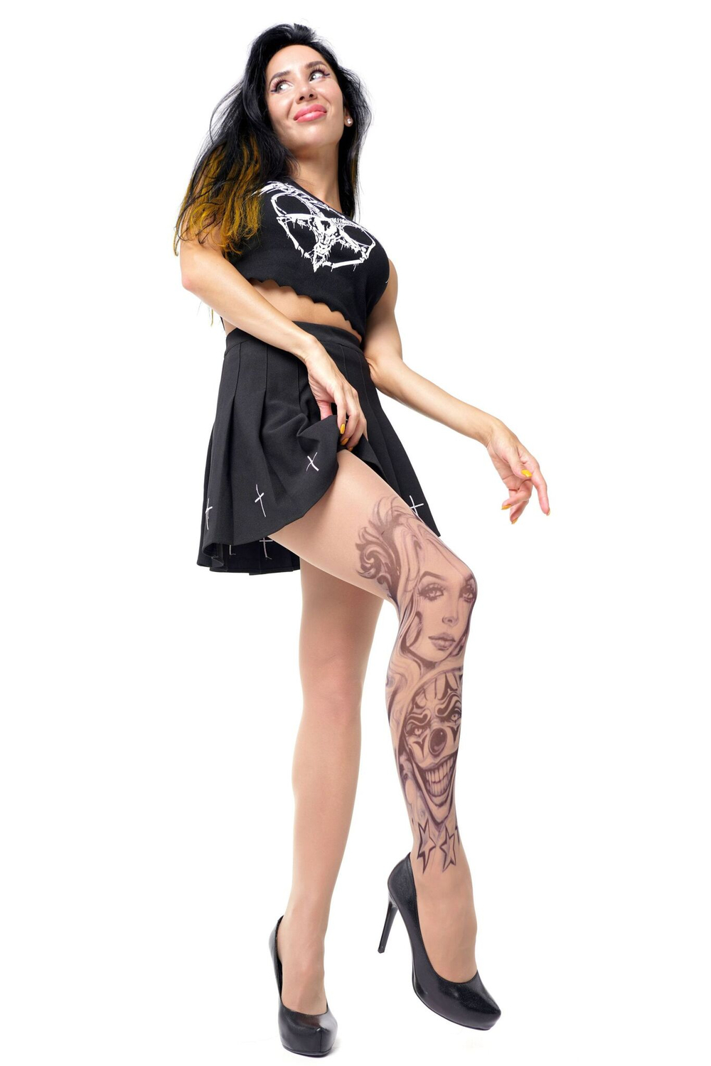 Колготки +size с принтом в виде девушки и злого клоуна (Размер: XL-XXL-XXXL) (Цвет: бежевый)