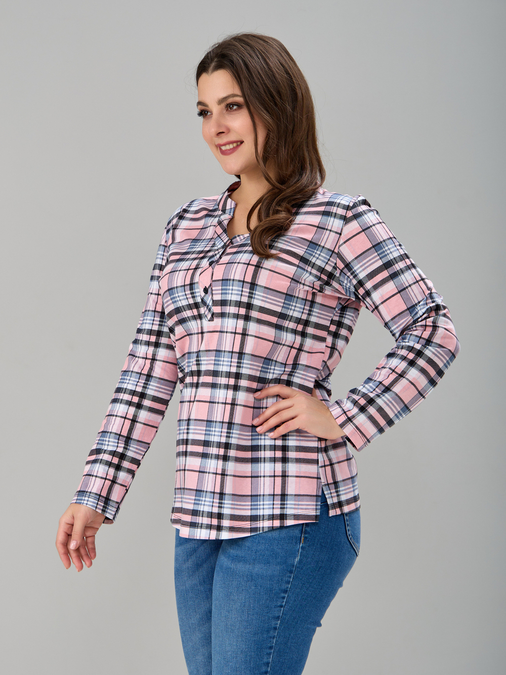 Блузка БЛ-22/клеткарозовый-индиго