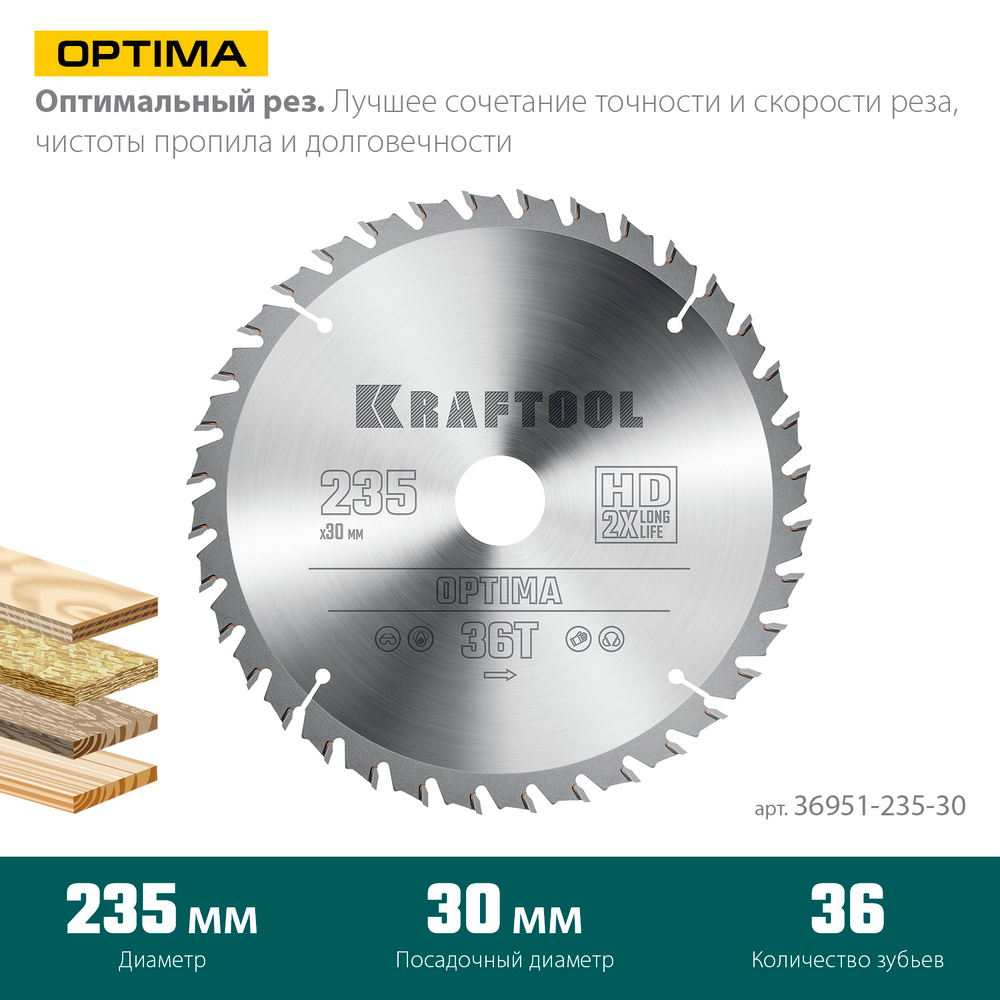 KRAFTOOL Optima, 235 х 30 мм, 36Т, пильный диск по дереву (36951-235-30)