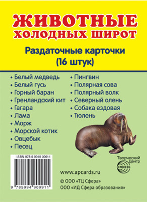 Т.В.Цветкова. СУПЕР. Животные холодных широт. 16 маленьких раздаточных карточек. 0+