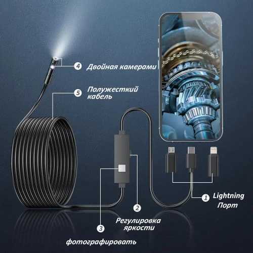 эндоскоп автомобильный с двумя камерами, диаметр 7,9 mm,С 8 регулируемыми LED лампами, камера 1920 HD, 2 метра полужёсткого кабеля, подходит для iOS и Android ,эндоскоп для смартфона с подсветкой