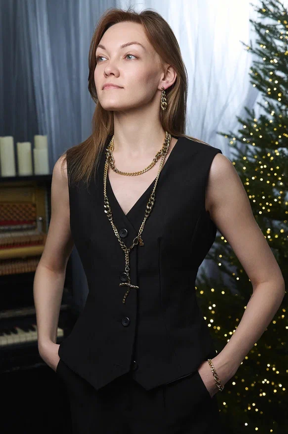 Колье длинная цепь-трансформер с крестом неправильной формы, оттенок золото