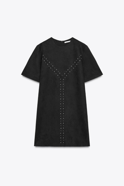 ZARA ПЛАТЬЕ ПОД ЗАМШУ С ЗАКЛЕПКАМИ, ЧЕРНЫЙ